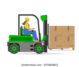 Green Omnidirectional Forklift With Driver Woman Isolated On White Background. Electric Uploader. Delivery, Logistic And Shipping Cargo. Warehouse And Storage Equipment. Vector Illustration.