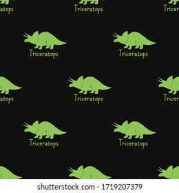 Green on black doodle triceratops dinosaur seamless pattern. Simple design for kindergarten decoration. Cartoon monster vector illustration.