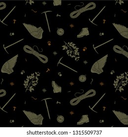 green on black hiking pattern with rope, piolet, boot, tree, compass and stars