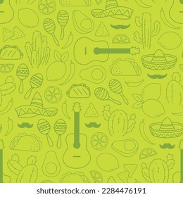 Green on green Cinco de Mayo seamless pattern of line drawing