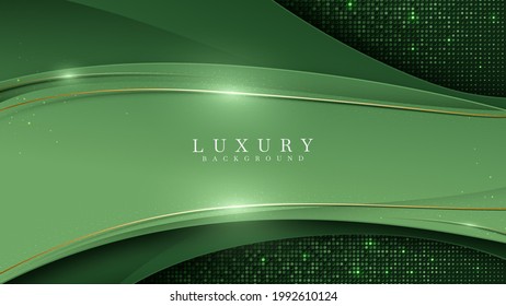 Green on dark shade with elegance golden line elements. Realistic luxury background paper cut style 3d modern concept. Space for paste text. Vector illustration for design.