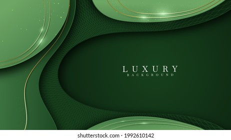 Green on dark shade with elegance golden line elements. Realistic luxury background paper cut style 3d modern concept. Space for paste text. Vector illustration for design.