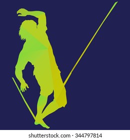 Green on purple silhouette of a man balancing on the rope