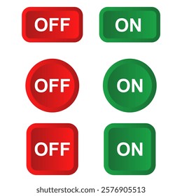 Green ON and Red OFF Button Icon Set, Isolated on White Background, Vector Illustration with Different Shapes for User Interface Design or Power Control Symbols