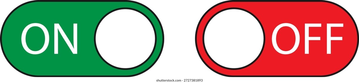 Conjunto de iconos de interruptor de palanca verde ON y rojo OFF con bordes negros delgados para un diseño de interfaz App y experiencia de usuario