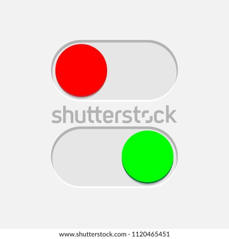 Green On and red Off toggle switch buttons isolated on gray background. Vector design element.