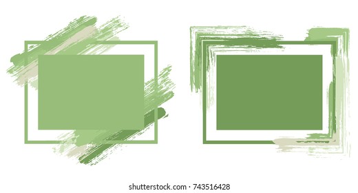 Green on white art frame set vector collection.  Grunge border with painted brushstrokes background collection. Painted frames advertising graphics design templates for banners, flyers, posters, cards