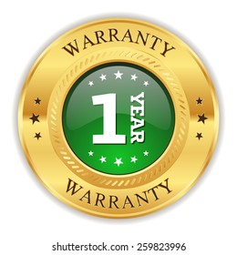 Green one year warranty badge with gold border on white background
