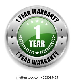Green one year warranty button with metal border on white background
