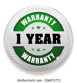 Green one year warranty button with metal border on white background