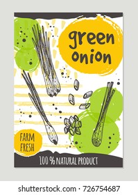 Green onion brochure concept design. Retro background. Hand drawn vector illustration. Can be used for street festival, farmers market, country fair, shop, menu, cafe, restaurant, poster, banner.