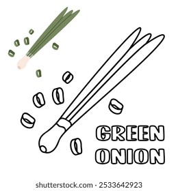 Green onion coloring page. Vegetable coloring book. Vector flat illustration