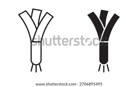 Green onion or leek icon set in outline and silhouette style, representing fresh vegetables, fiber-rich food, and healthy ingredients, vector illustration.