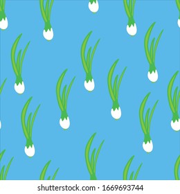 Green onion on a blue background. Vector pattern for textiles, fabric, background, packaging paper.