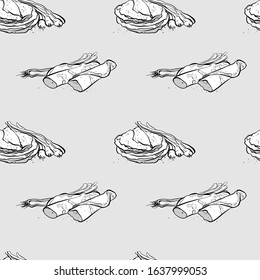 Green onion pancake seamless pattern greyscale drawing. Useable for wallpaper or any sized decoration. Handdrawn Vector Illustration