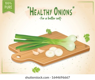 cebolla verde con capucha de ajo en la tabla de corte de madera ilustración vectorial