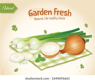 cebolla verde con cebollas amarillas ilustración vectorial sobre fondo marrón