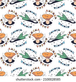Green onions and Mushrooms. Seamless pattern on a white background. Cute vector illustration.