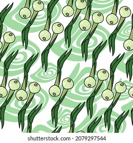 cebolla verde sin soldadura, bombillas de cocina y espirales verdes sobre ilustración vectorial de fondo blanco