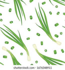 Green onions seamless pattern. Vector Chopped chives isolated on white background. Illustration of fresh cut green spring onion in cartoon flat style.  svg
