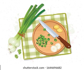 Green onions with slices of onions and ginger on wooden board vector illustration from top view