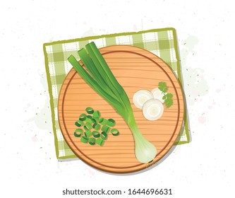 Green Onions vector illustration and its pieces on a wooden chopping board from a top view