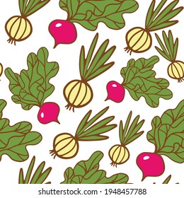 Cebollas verdes, cebollas blancas, rábanos. Patrón con verduras. Dieta verde, agricultura, vegetarianismo, alimentación saludable, vitaminas. Ilustración del vector con estilo dibujado a mano sobre fondo blanco