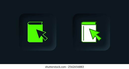 Green Online book icon isolated on black background. Internet education concept, e-learning resources, distant online courses. Black square button. Vector