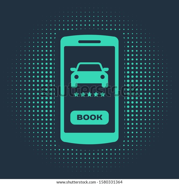 Green\
Online car sharing icon isolated on blue background. Online rental\
car service. Online booking design concept for mobile phone.\
Abstract circle random dots. Vector\
Illustration