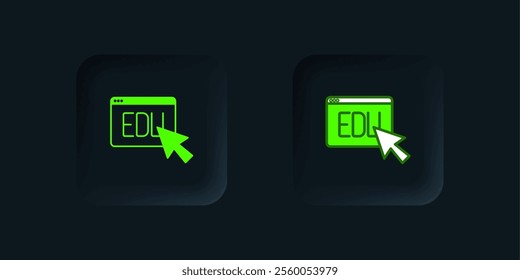 Green Online education and graduation icon isolated on black background. Online teacher on monitor. Webinar and video seminar learning. Black square button. Vector