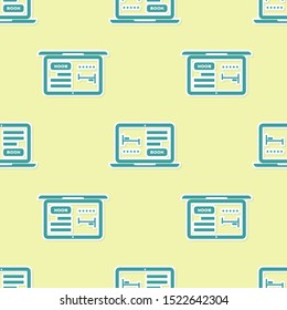 Green Online hotel booking icon isolated seamless pattern on yellow background. Online booking design concept for laptop.  Vector Illustration