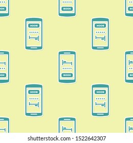 Green Online hotel booking icon isolated seamless pattern on yellow background. Online booking design concept for mobile phone.  Vector Illustration