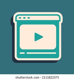 Green Online play video icon isolated on green background. Film strip with play sign. Long shadow style. Vector