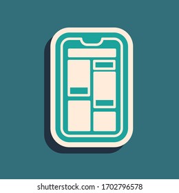 Green Online shopping on mobile phone icon isolated on green background. Internet shop, mobile store app and payments billing. Long shadow style. Vector Illustration