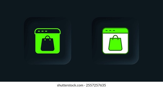 Green Online shopping on screen icon isolated on black background. Concept e-commerce, e-business, online business marketing. Black square button. Vector