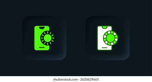 Verde Online ícone de apostas esportivas isolado no fundo preto. Apostador desportivo. Apostas online ganham dinheiro. Botão quadrado preto. Vetor
