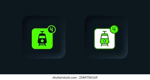 Green Online ticket booking and buying app interface icon isolated on black background. E-tickets ordering. Electronic train ticket on screen. Black square button. Vector