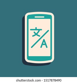 Green Online translator icon isolated on blue background. Foreign language conversation icons in chat speech bubble. Translating concept. Long shadow style. Vector Illustration