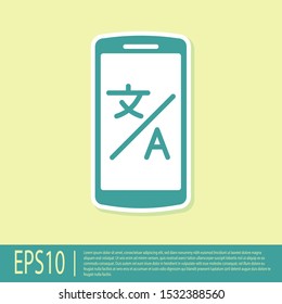 Green Online translator icon isolated on yellow background. Foreign language conversation icons in chat speech bubble. Translating concept.  Vector Illustration