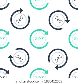 Green Open 24 hours a day and 7 days a week icon isolated seamless pattern on white background. All day cyclic icon. Vector.