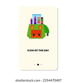 Green open backpack with textbooks and stationery flat icon. Vertical sign or vector illustration of school supplies, attributes element. Education, back to school, stationery for web design and apps