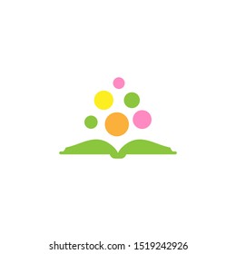 Green open book with colorful bubbles  flying out.  Isolated on white background.  Flat reading icon. Vector illustration. quotation logo. tip, hint, prompt. School, education