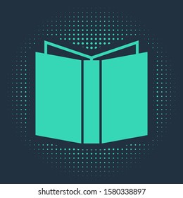 Green Open book icon isolated on blue background. Abstract circle random dots. Vector Illustration