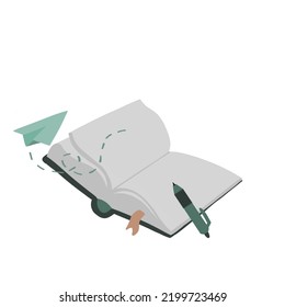Green open book with a paper plane and a pen 