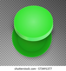Green open empty round cardboard box isolated on transparent background. Mockup template for design products, package, branding, advertising. Top view. Vector illustration.