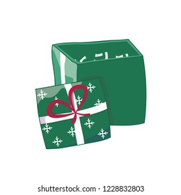 Green open gift box with a bow icon, special present idea. Flat design vector illustration. Celebration event, surprising gift. Shopping box,