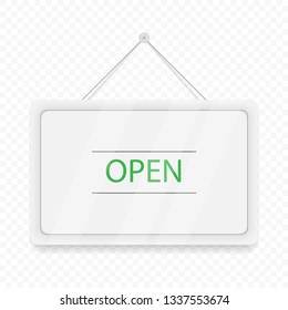 Green Open hanging door sign. White signboard with shadow isolated on transparent background. Realistic vector illustration. Business concept sites and services.