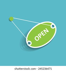 Green open hanging sign with moving appearance. Flat design, no transparency, no gradients.