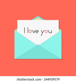 green open letter with i love you on white sheet. concept of valentine day, billet-doux, school love and romantic penpals. isolated on red background. flat style modern logo design vector illustration