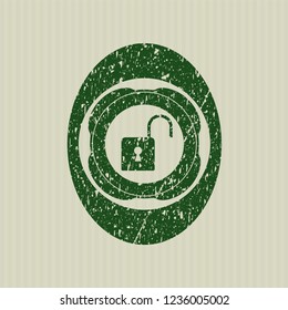 Green open lock icon inside distress rubber texture